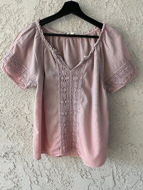 Lucky Brand Pink Cotton Gauze Crochet Lace Boho Peasant Blouse M